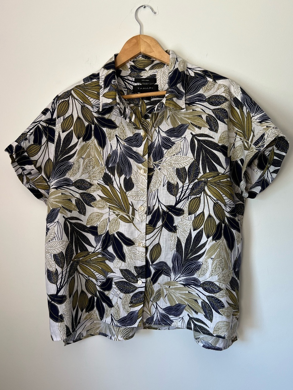 Tahari 100% Linen Short-Sleeve Leaf Print Shirt in Olive & Navy Blue